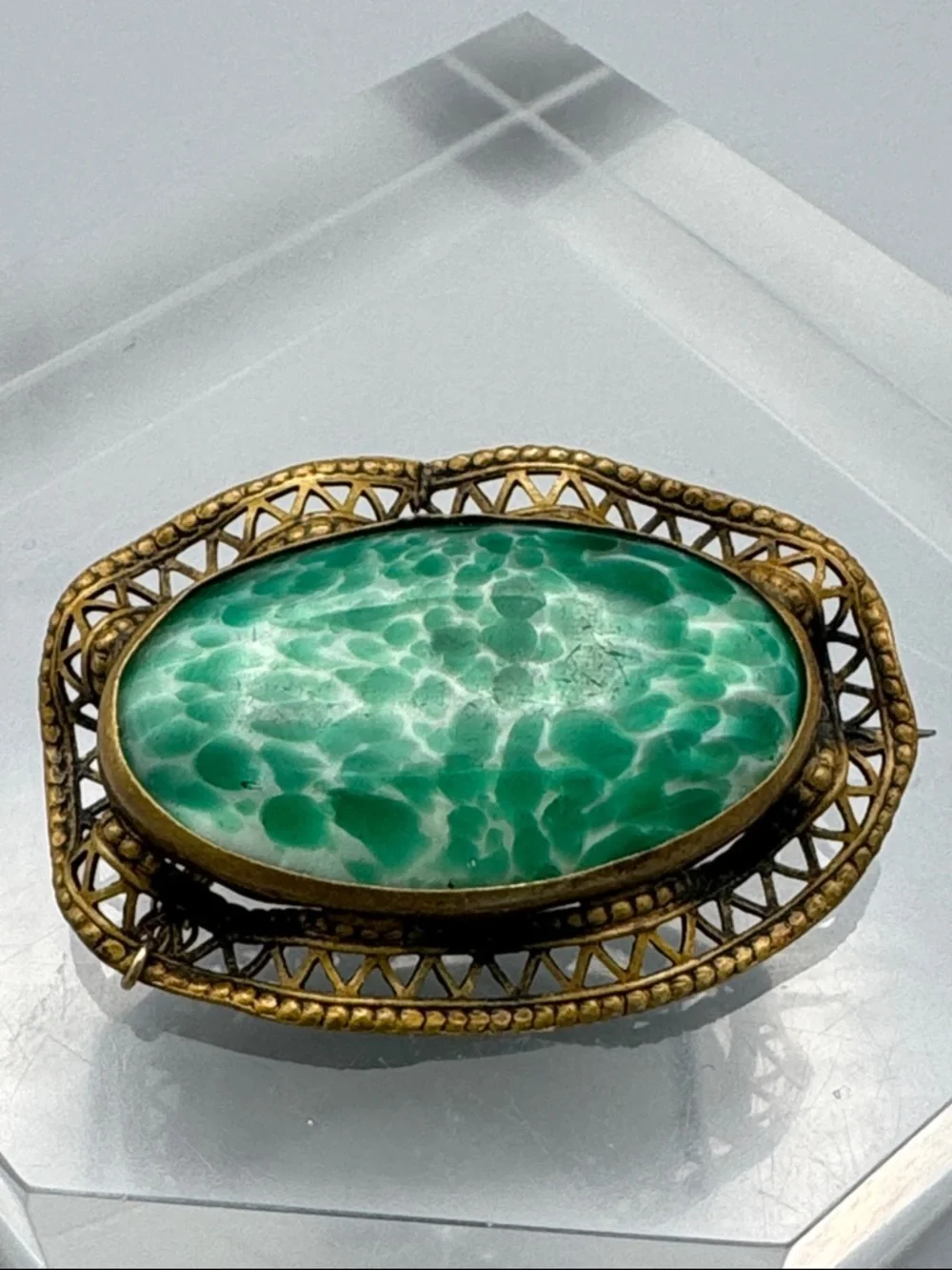 Vintage Green Marbled and Filigree Brooch